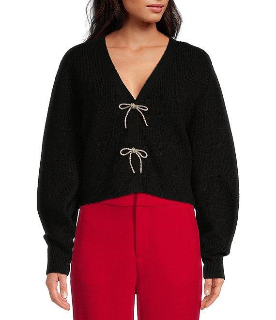 A Loves A Wool Blend Sweater Knit Rhinestone Bow V-Neck Long Sleeve Cardigan Product Image
