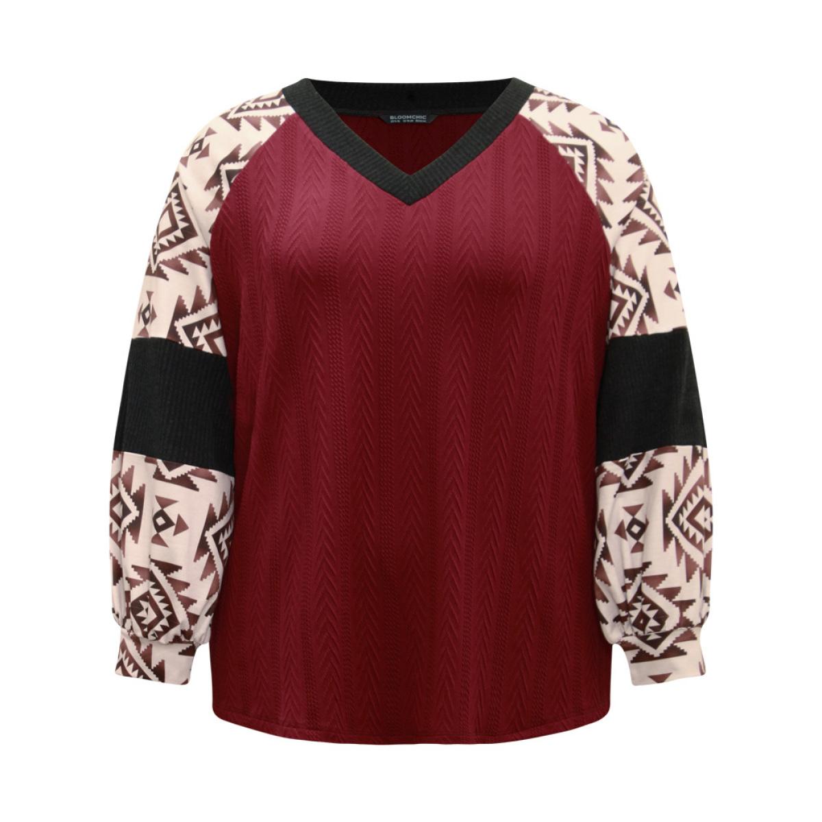 Plus Size Boho Print Contrast Texture Rib Knit Raglan Sleeve Sweatshirt Women Burgundy Casual Rib Knit V-neck Dailywear Sweatshirts BloomChic 10/M Product Image
