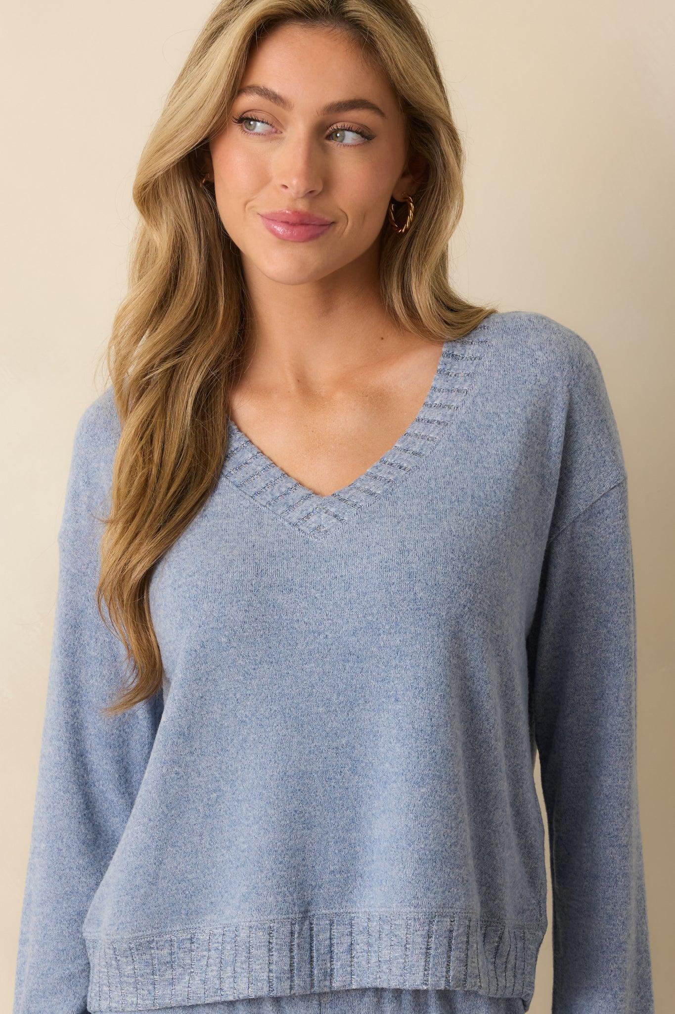 Z Supply Blue Velvet Courtney Soft V-Neck Sweater L / Blue Product Image