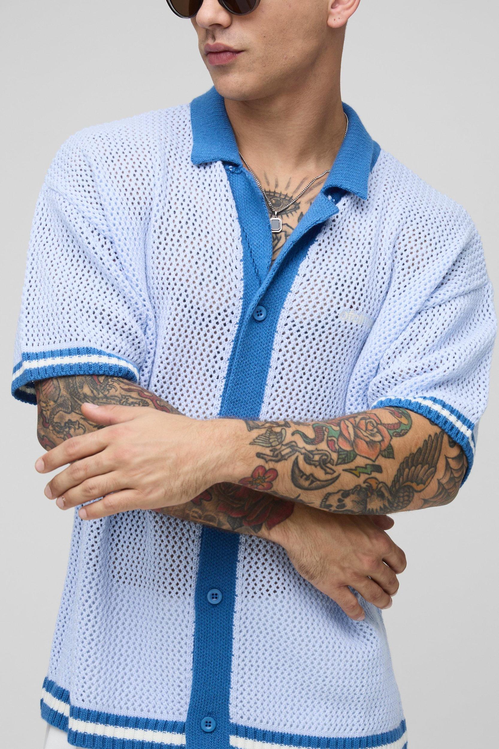 Relaxed Fit Striped Hem Open Stitch Knitted Shirt | boohooMAN USA Product Image