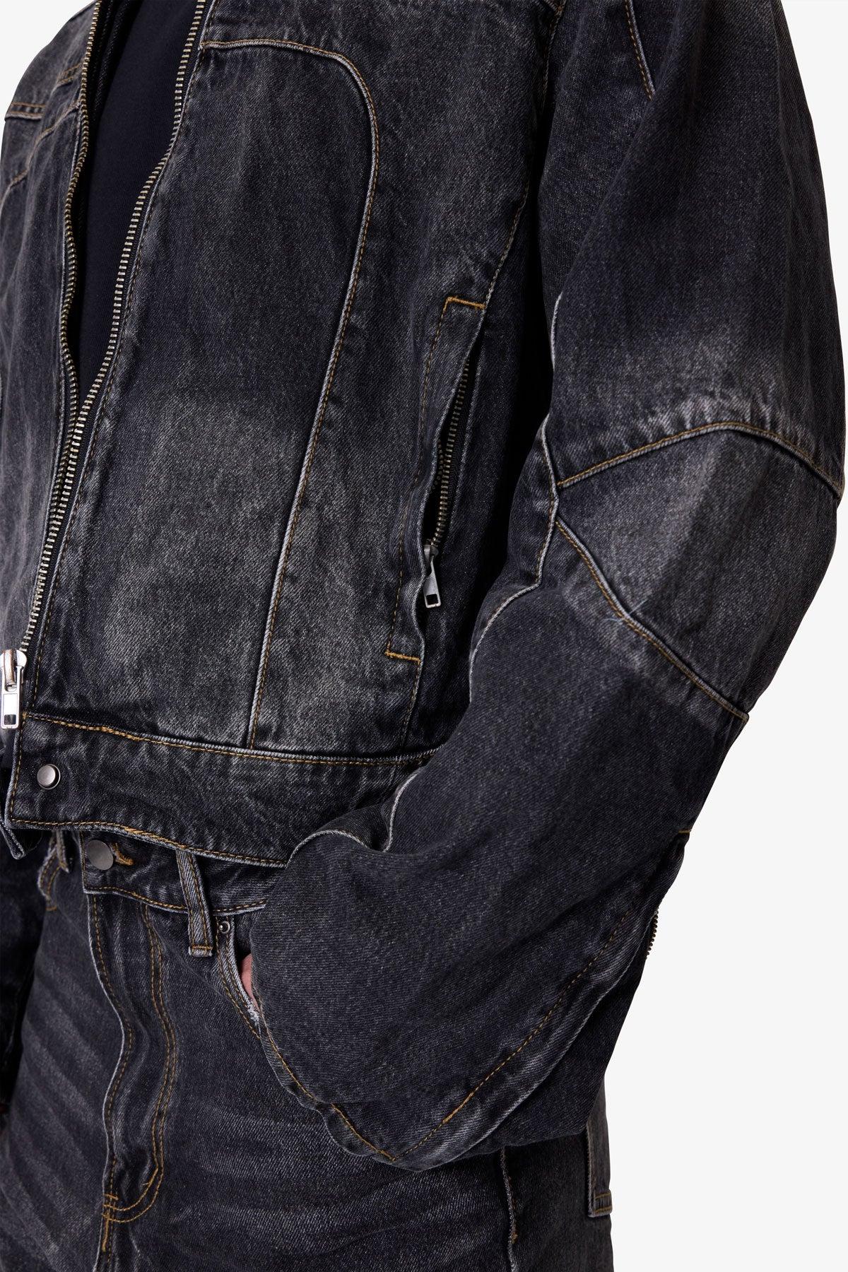 Paneled Moto Denim Jacket - Washed Black Product Image