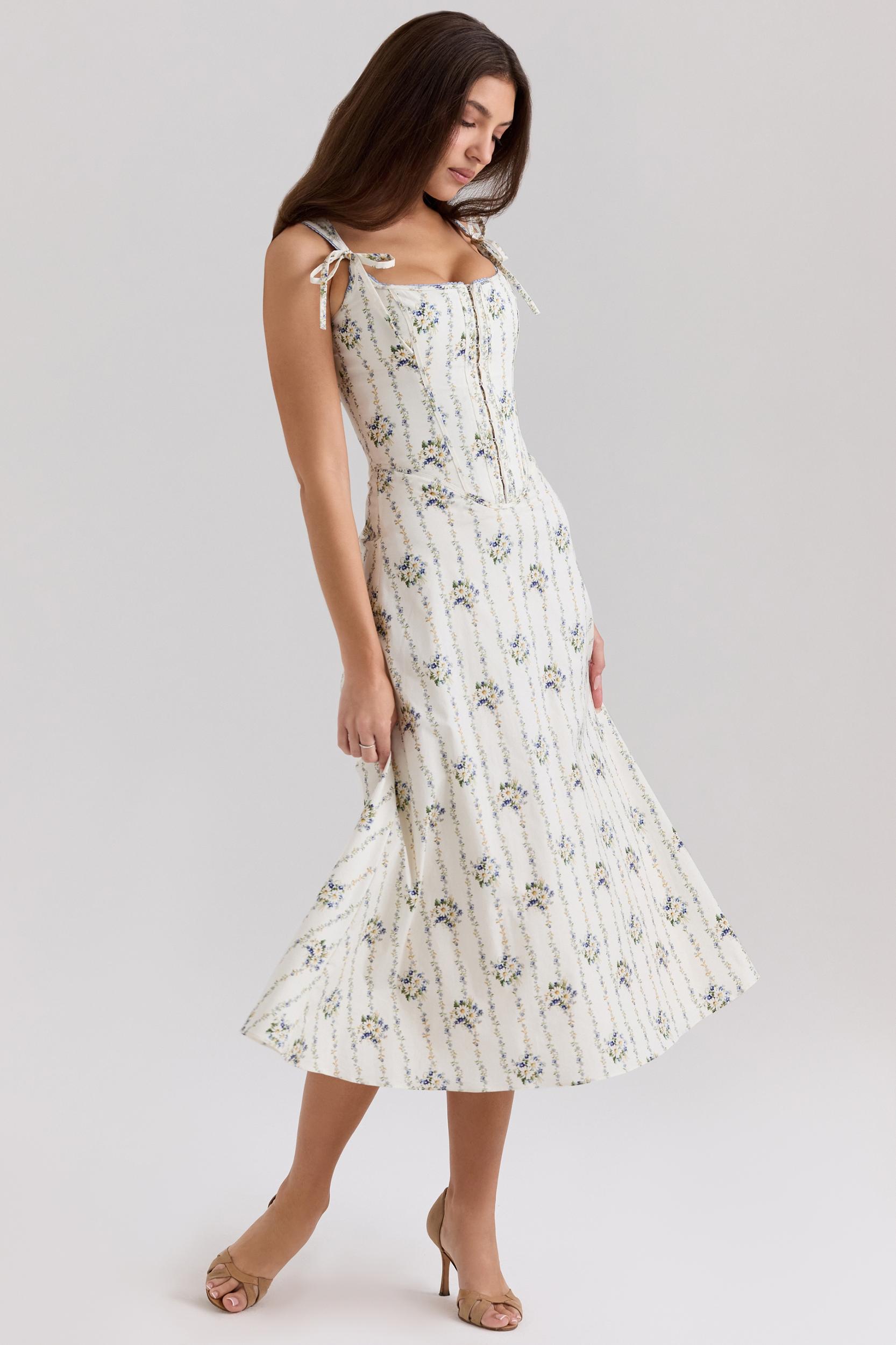 Dionne  cream daisy print stretch cotton midi dress Product Image