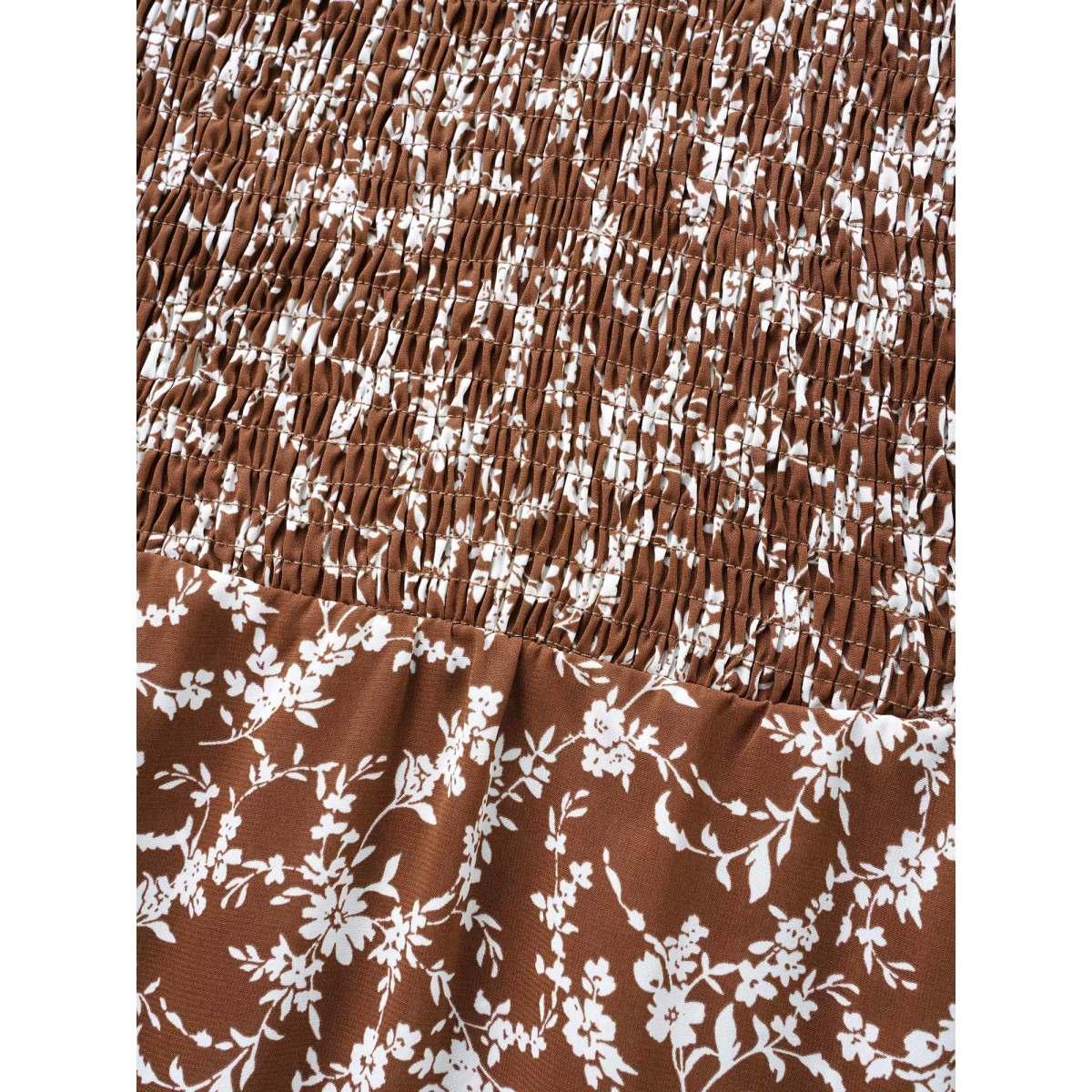 Plus Size Ditsy Floral Shirred Ruffle Hem Dress Browncoffeecolor Women Elegant Shirred V-neck Short sleeve Curvy BloomChic 26/4X Product Image