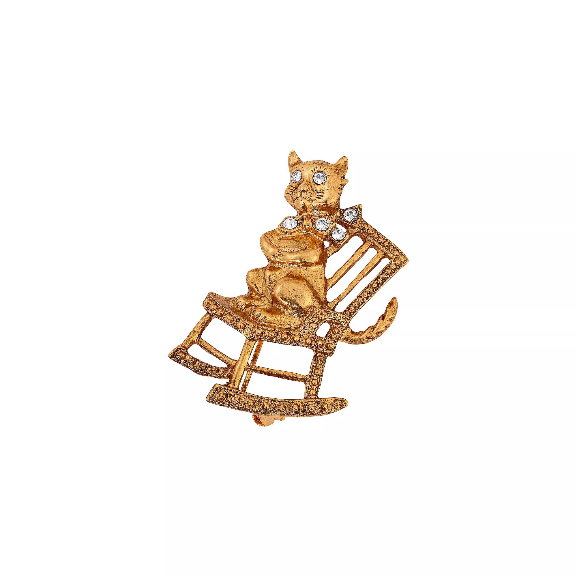 1928 Gold-Tone Crystal Cat On Rocking Chair Pin, Womens, White Product Image