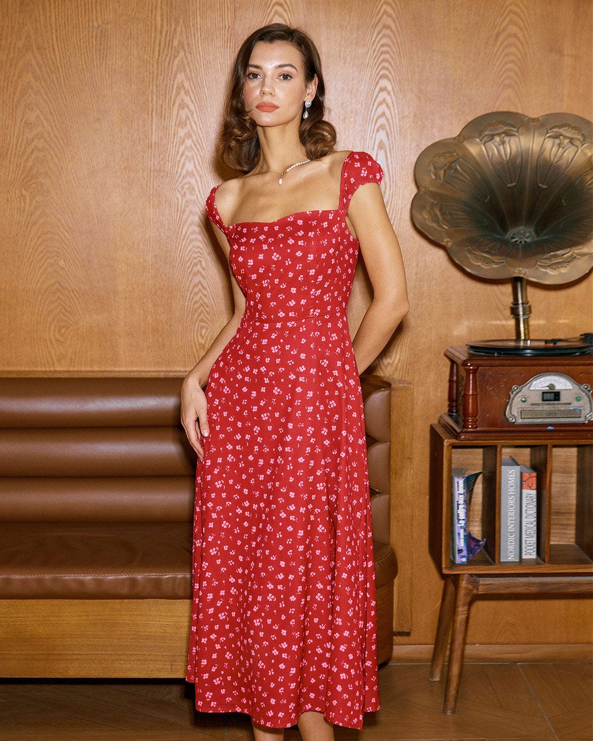 Red Floral Sweetheart Neck Cap Sleeve Midi Dress Product Image