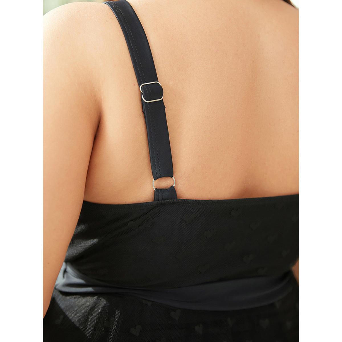 Plus Size Heart Mesh Hem Wrap Gathered Sculpt Waist Swim Dress Women's Swimwear Black Vacation Bodycon V-neck High stretch Curve Swim Dresses BloomChic 10/M Product Image