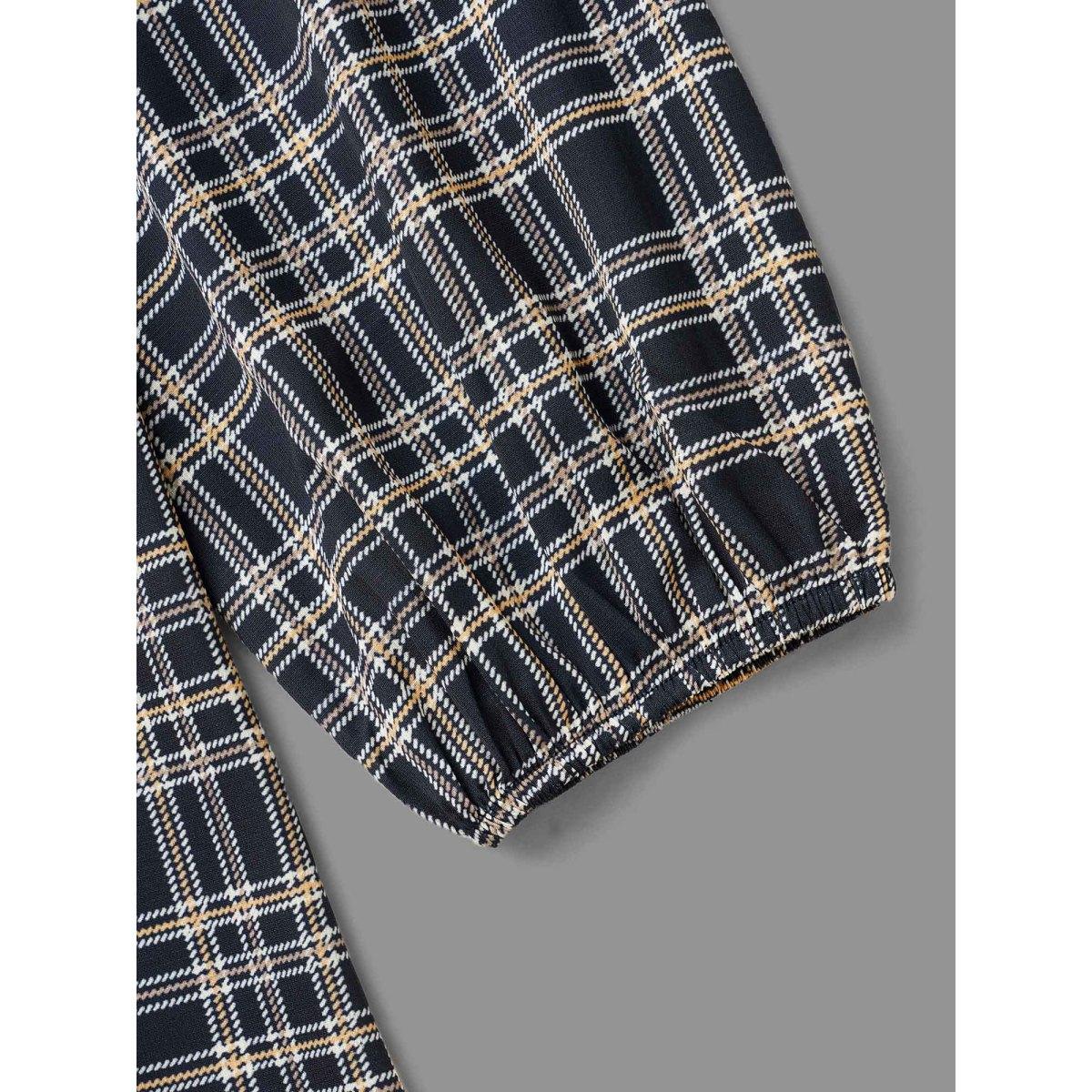 Plus Size Indigo Plaid Zipper Front Lantern Sleeve Blouse Women Timeless Long Sleeve V-neck Elegant Blouses BloomChic 18-20/2X Product Image