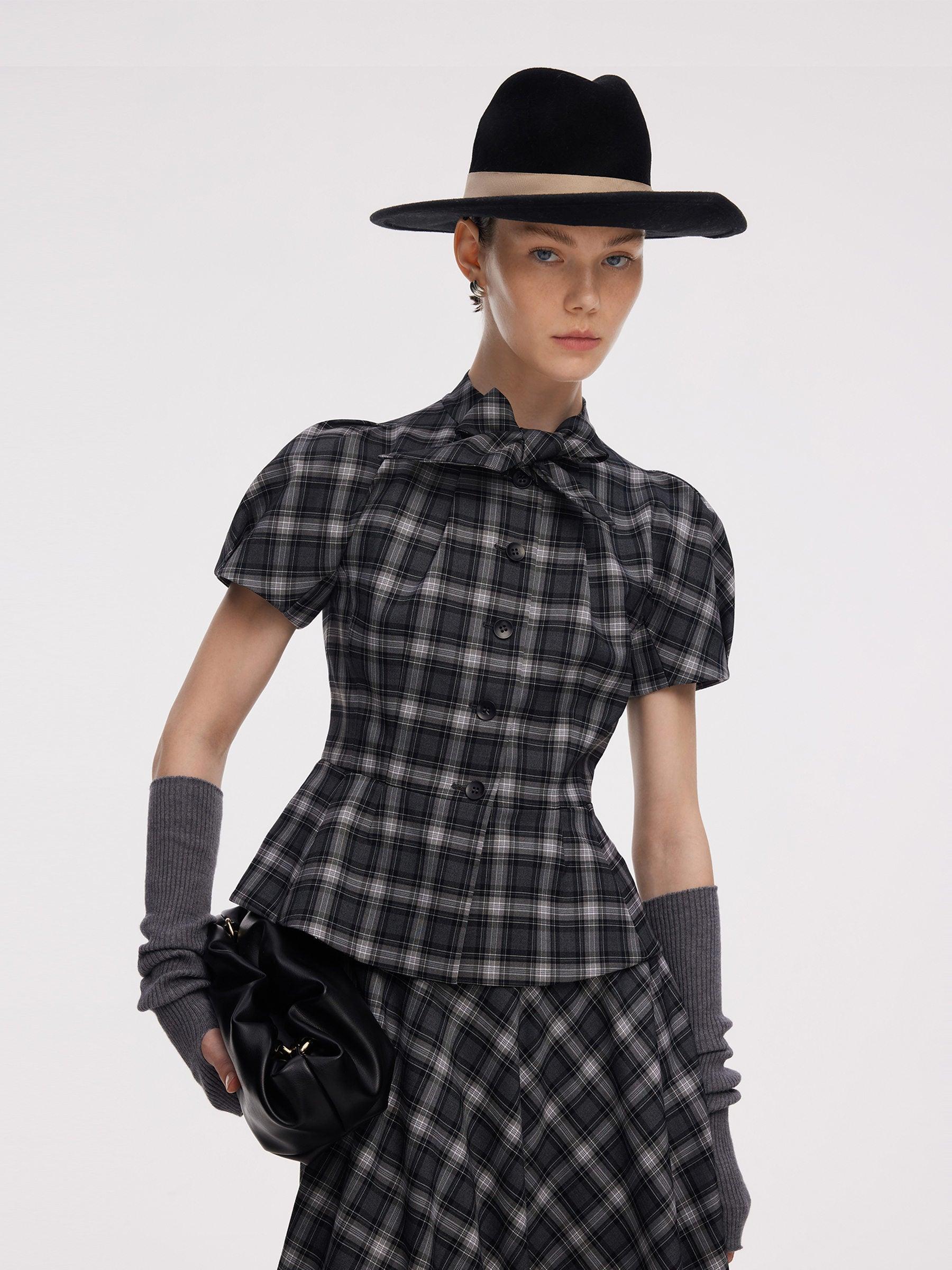 Plaid Ribbon Tie Women Flare Hem Top Product Image