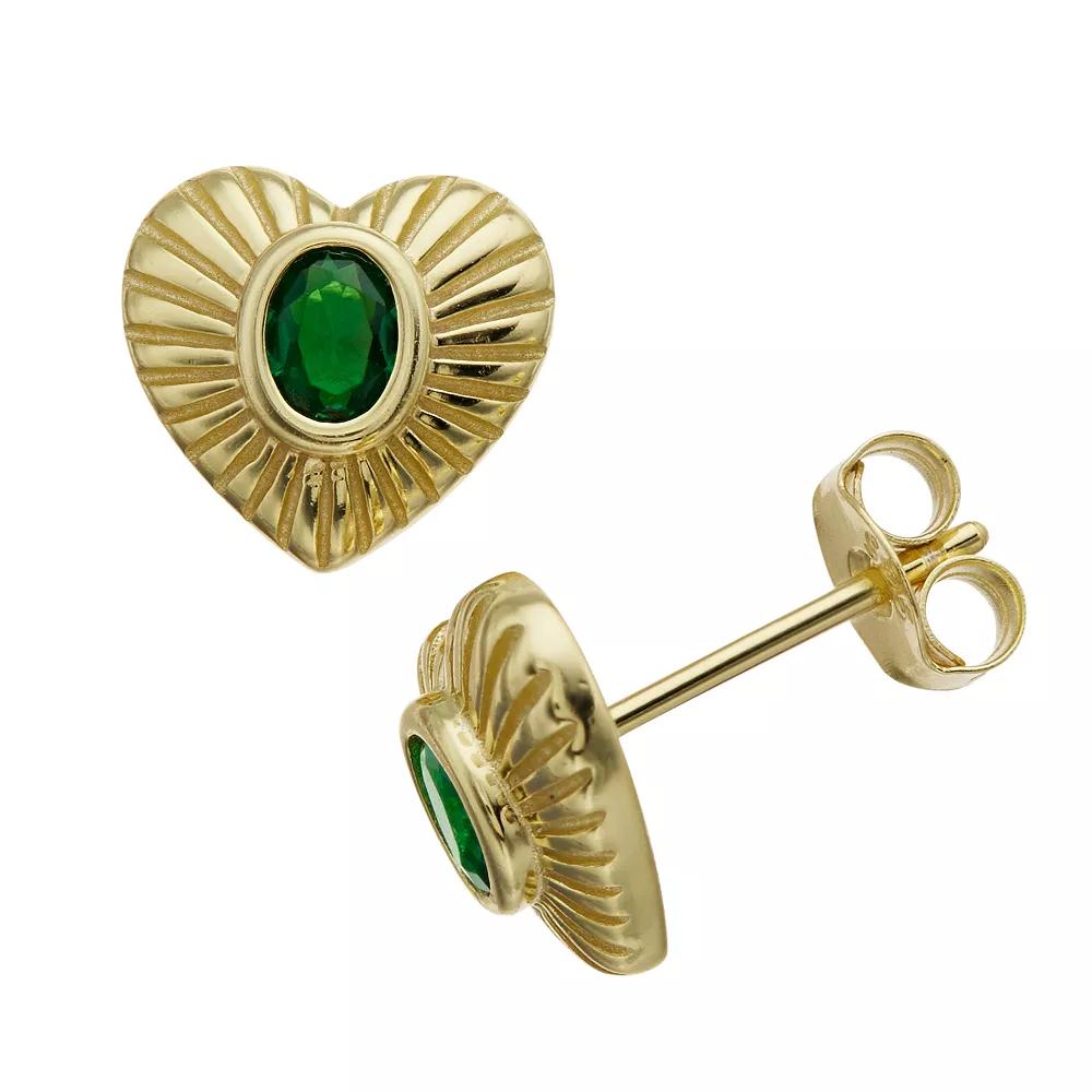 14k Gold Over Silver Green Cubic Zirconia Sunray Heart Stud Earrings, Womens, Gold Tone Product Image