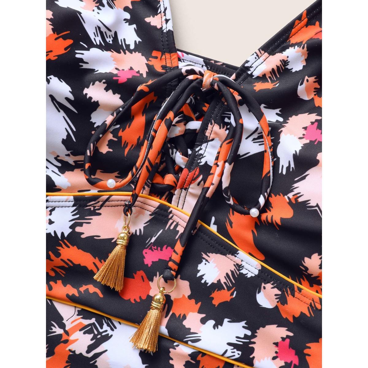 Plus Size Brush Print Ties Tassel One Piece Swimsuit Women's Swimwear Multicolor Beach Non Curve Bathing Suits Medium stretch One Pieces BloomChic 26/4X Product Image