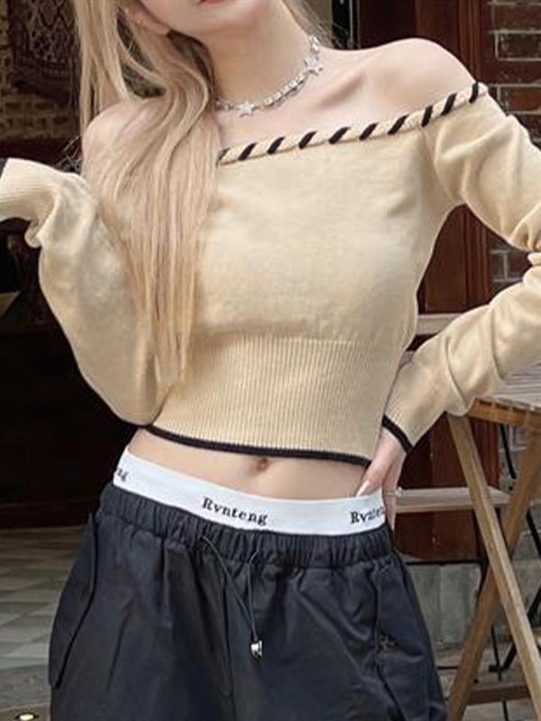 Contrast Trim Off Shoulder Cropped Long Sleeve Knit Product Image