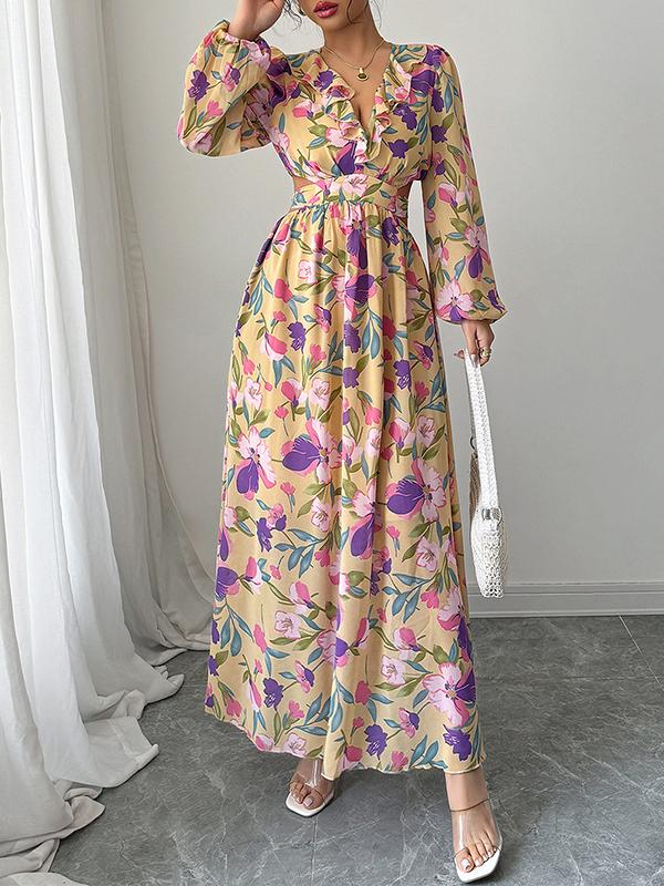A-Line Long Sleeves Contrast Color Elasticity Flower Print Pleated Ruffle Trim V-Neck Maxi Dresses Product Image