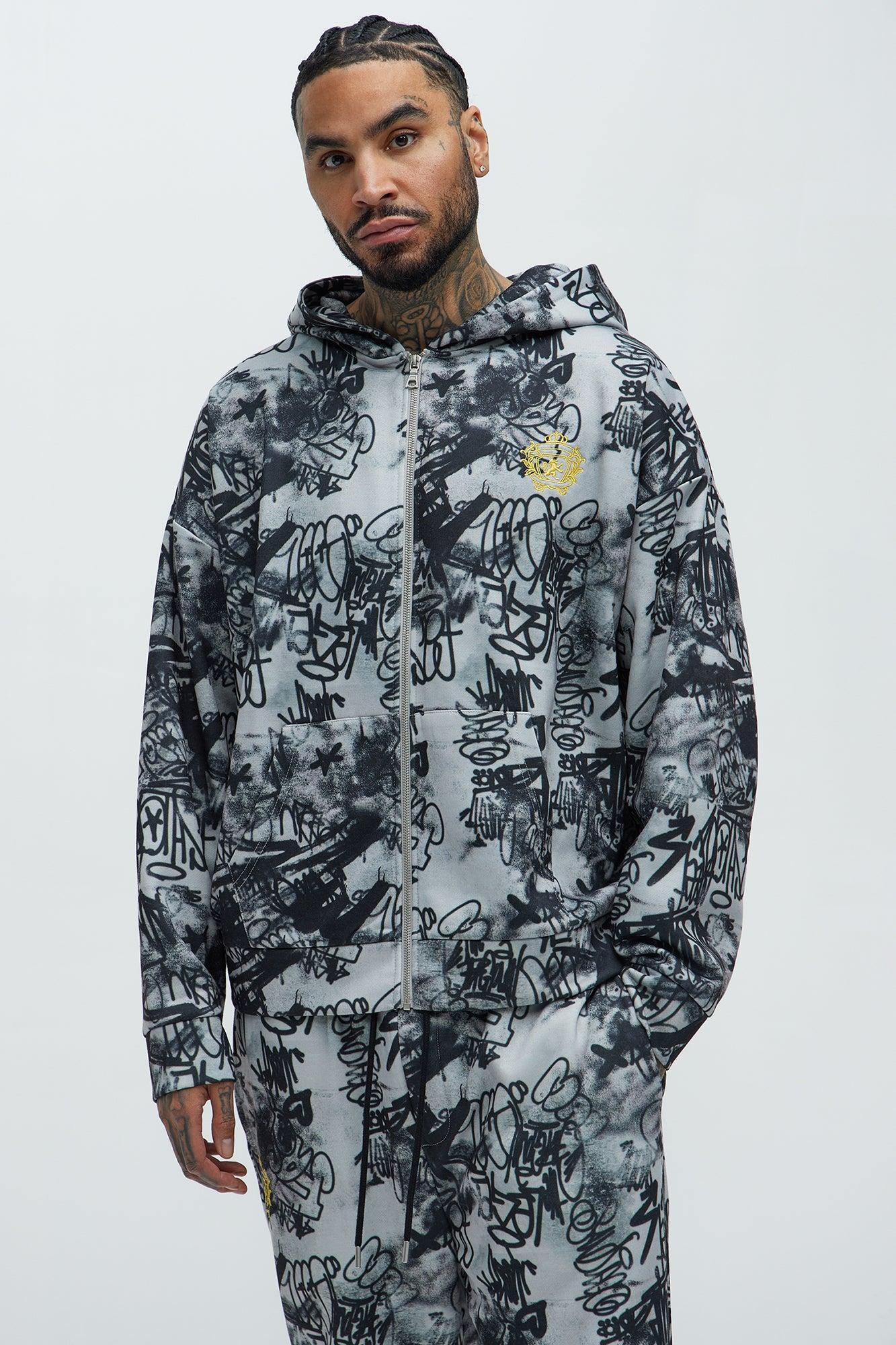 Vandal Oversized Graffiti Zip Up Hoodie - Grey Product Image