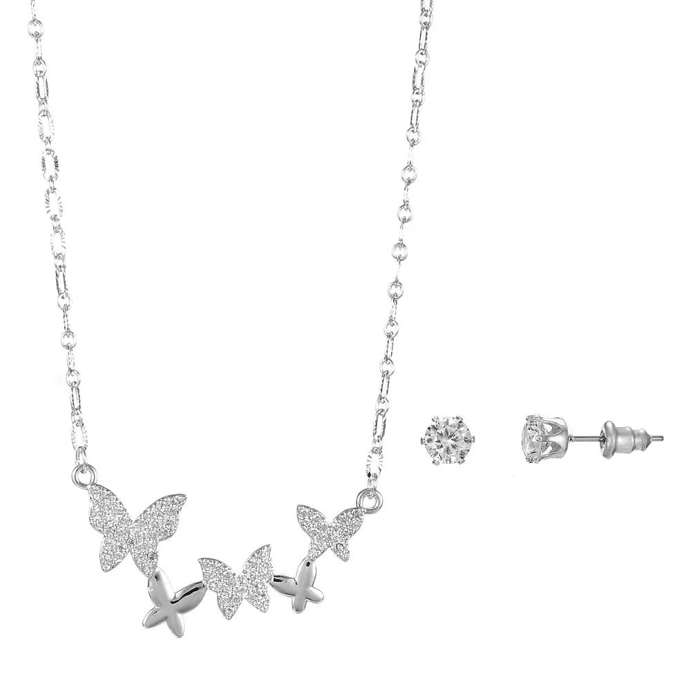Silver Tone Cubic Zirconia Butterfly Cluster Necklace & Stud Earrings Set, Women's Product Image
