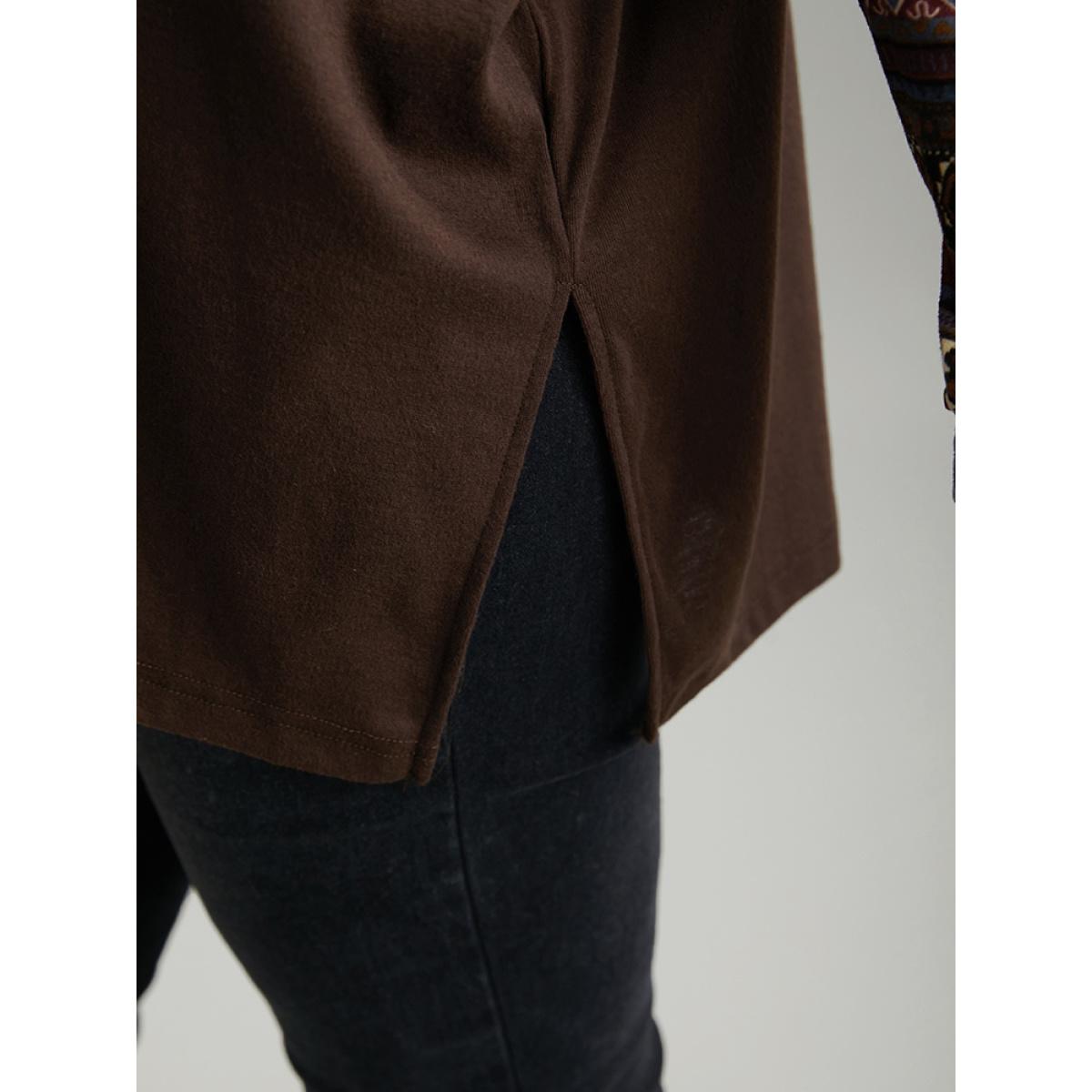 Plus Size Bandana Print Patchwork Turtle Neck T-shirt DarkBrown Women Casual Printed Bohemian Print Turtleneck Dailywear T-shirts BloomChic 26/4X Product Image