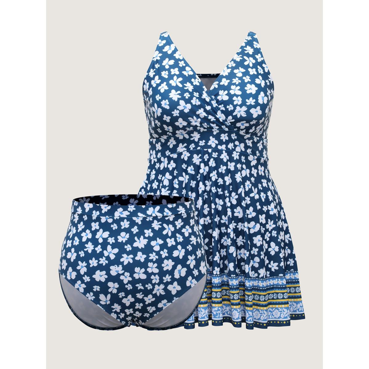 Plus Size Floral Print Contrast Swim Dress Women's Swimwear Indigo Resort Bodycon Overlap Collar High stretch Curve Swim Dresses BloomChic 30/6X Product Image