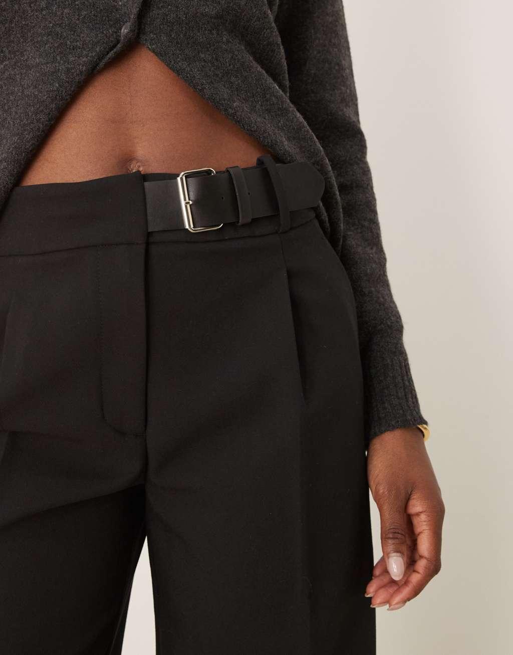Mango buckle waist straight leg pants in black Product Image