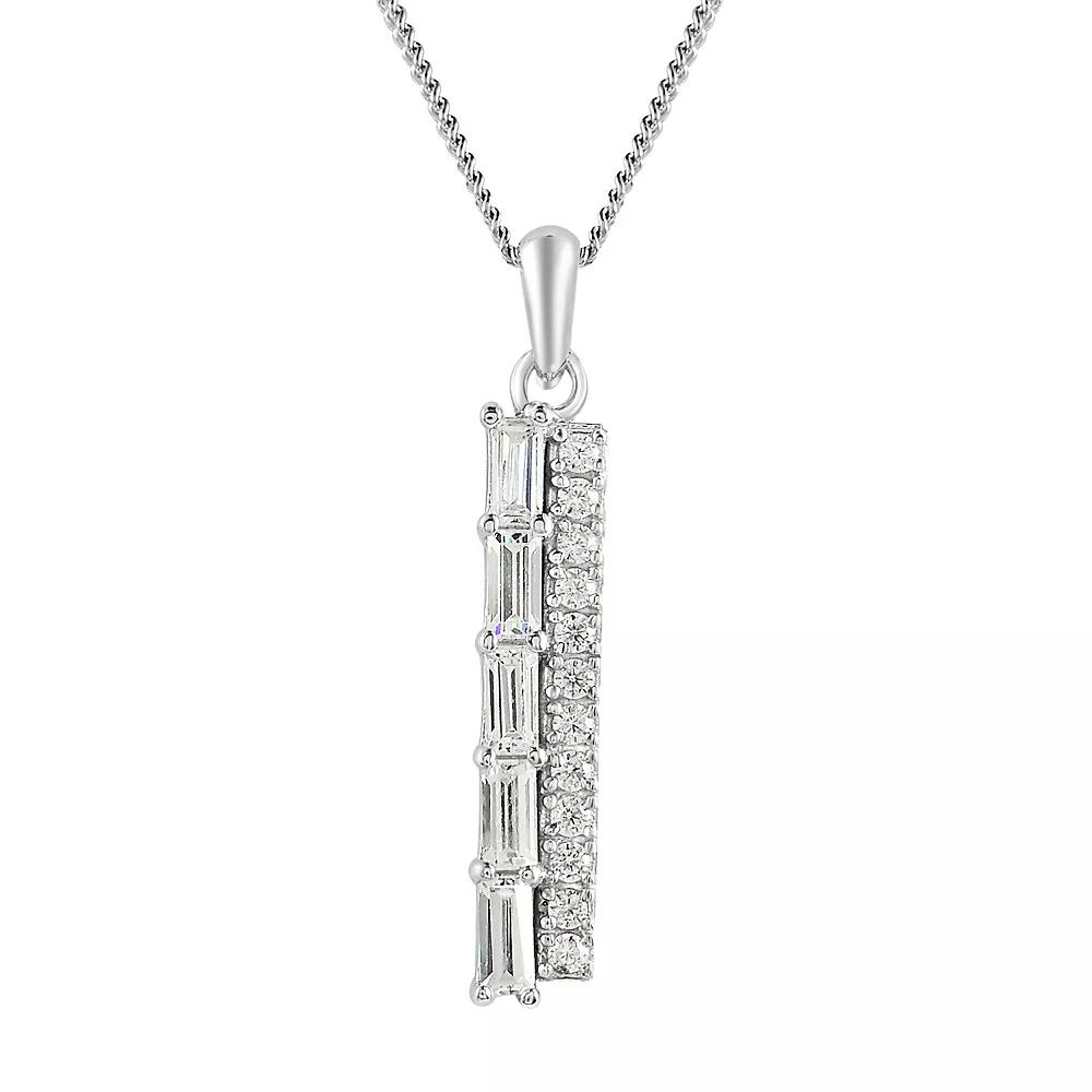SIRI Sterling Silver Rhodium-Plated Dual Row Pendant with Baguette and Round Cubic Zirconia and 18" Chain, Women's Product Image