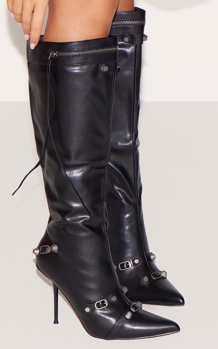 Black PU Zip Detail Point Toe High Heeled Knee Boots Product Image