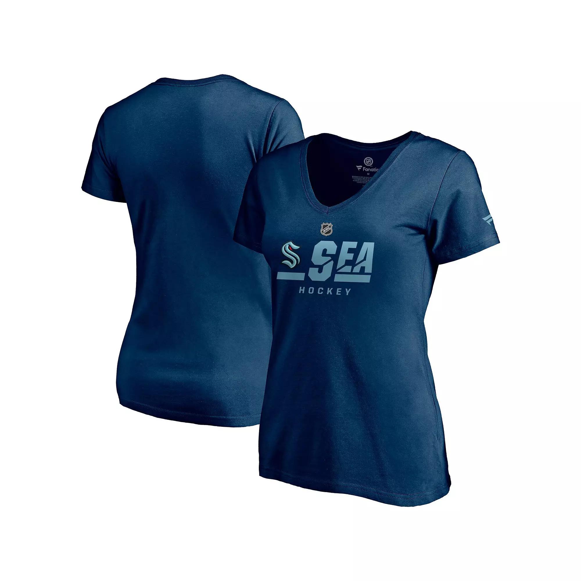 Women's Fanatics Branded Navy Seattle Kraken Authentic Pro Secondary Logo V-Neck T-Shirt, Size: Small, Krk Blue Product Image