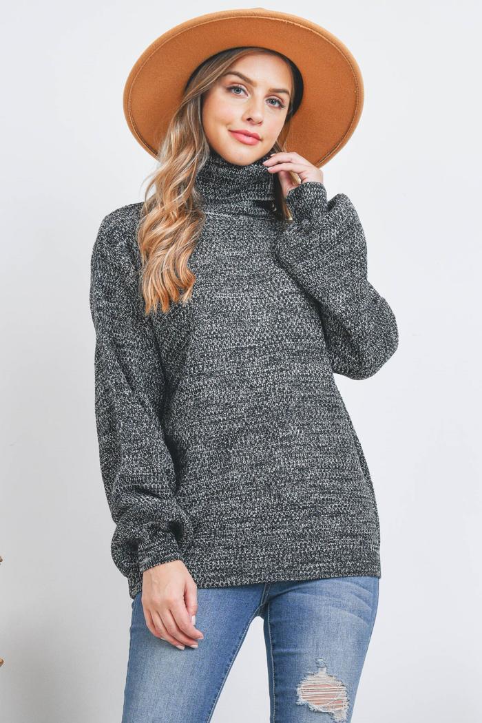 Turtleneck Melange Balloon Sleeve Sweater Product Image