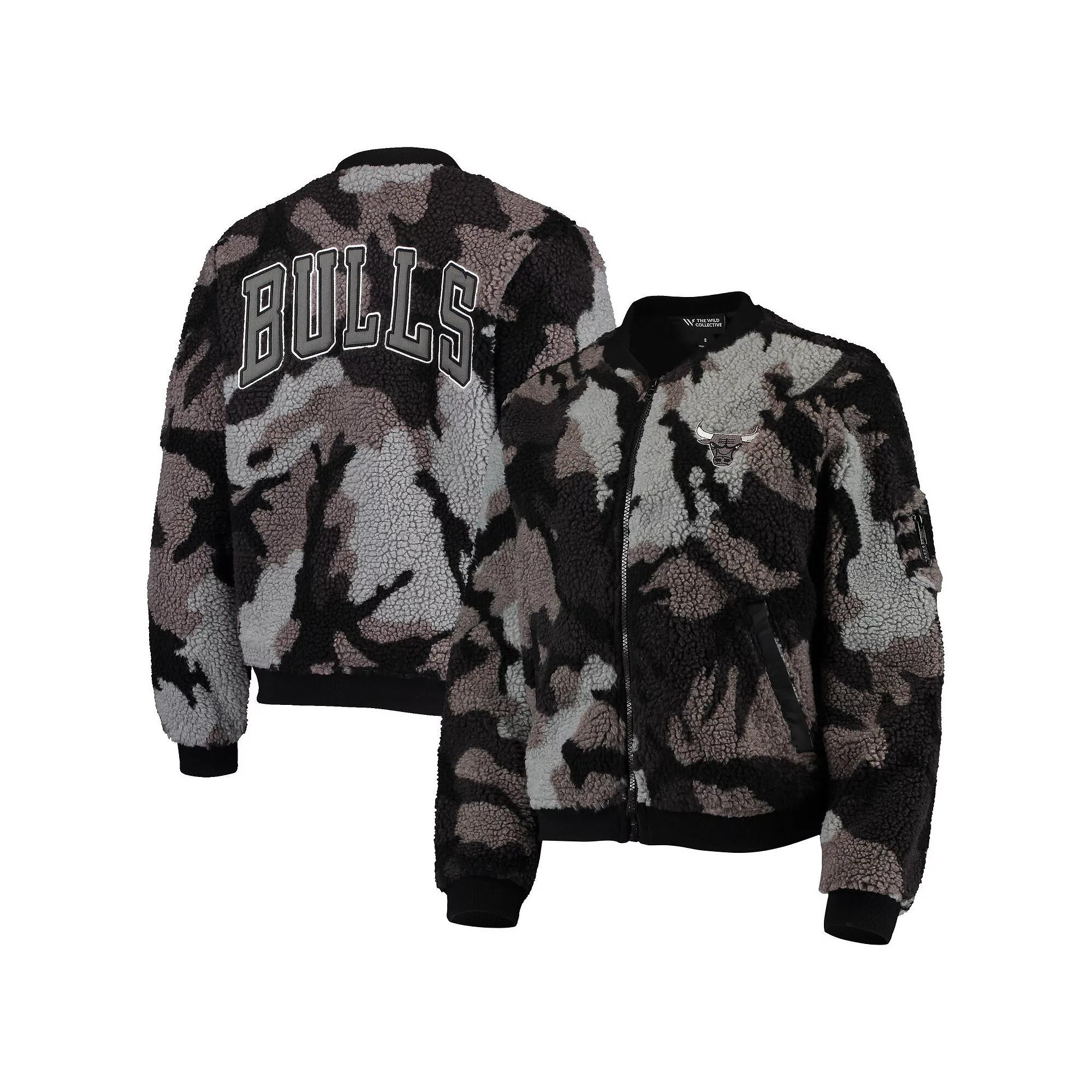 Women's The Wild Collective Black Chicago Bulls Camo Sherpa Full-Zip Bomber Jacket, Size: Small Product Image