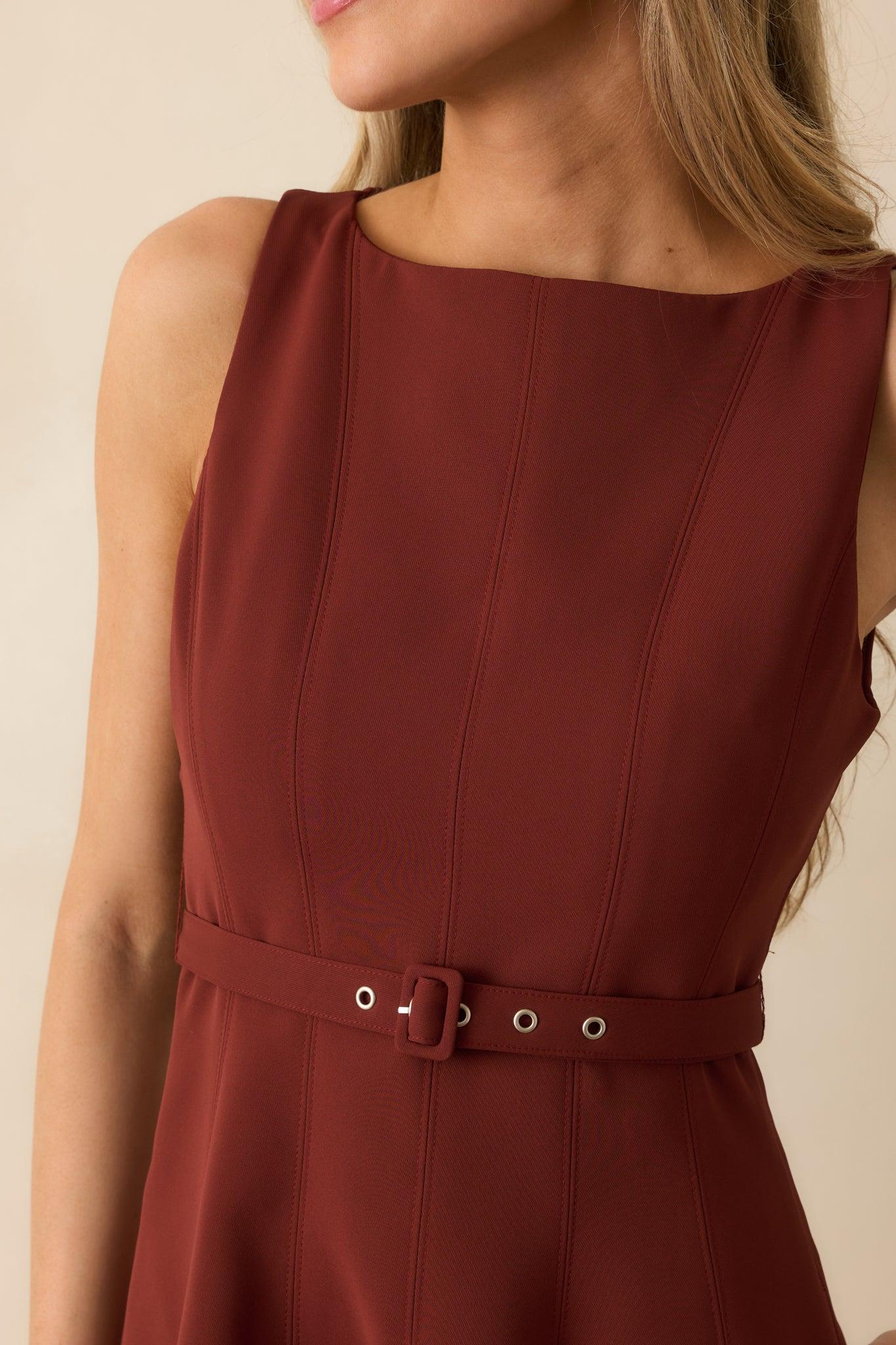 Timely Matter Dark Rust Red Belted Sleeveless Midi Dress L / Dark Rust Product Image