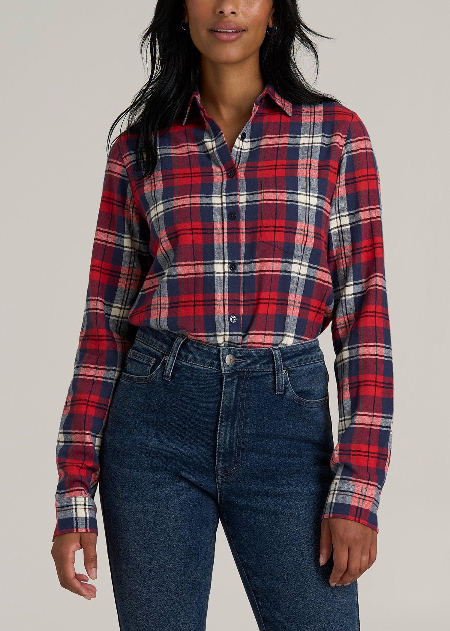 Flannel Button-Up Shirt for Tall Women in Rich Red Plaid Product Image