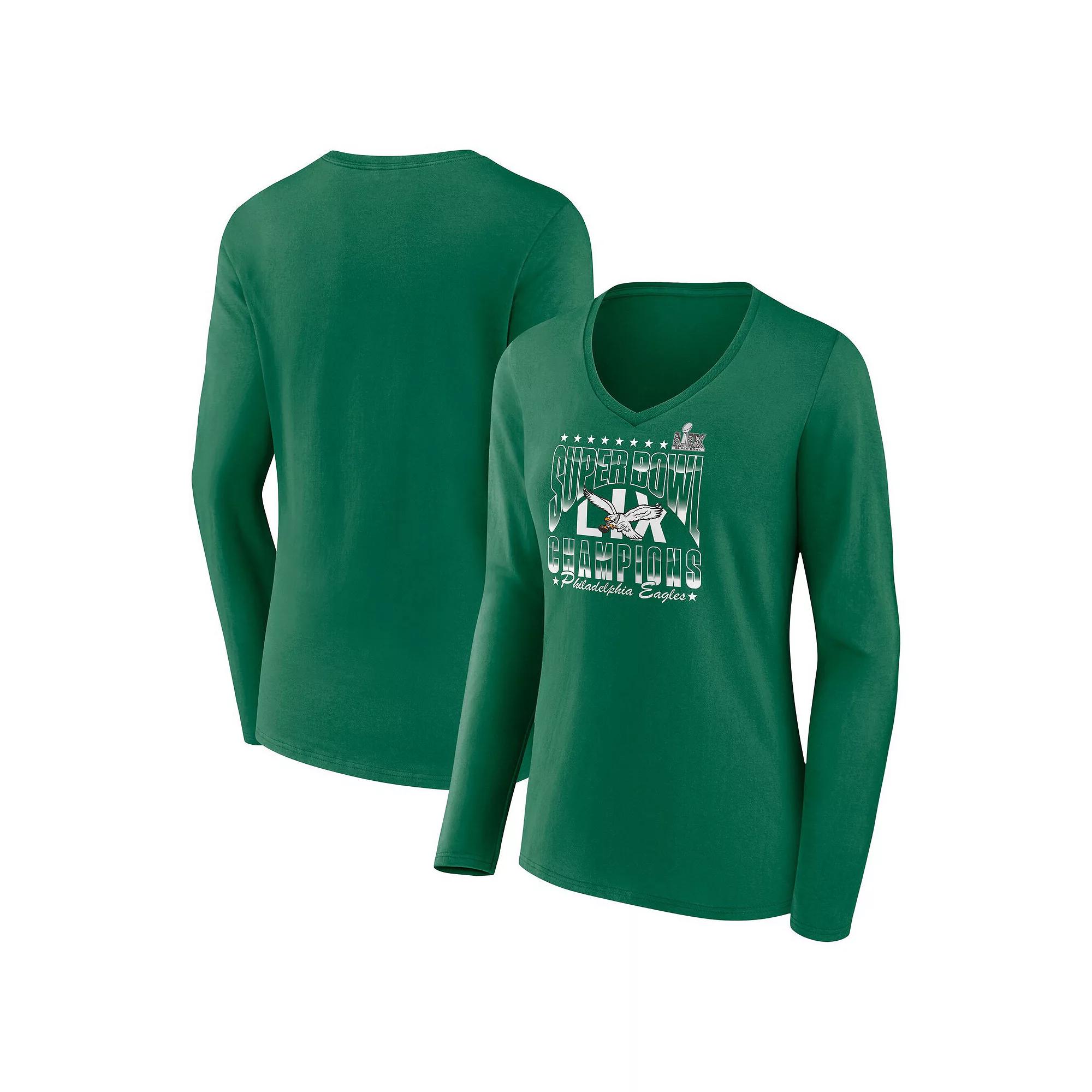 Women's Fanatics Kelly Green Philadelphia Eagles Super Bowl LIX Champions Retro Logo Long Sleeve V-Neck T-Shirt,  Product Image