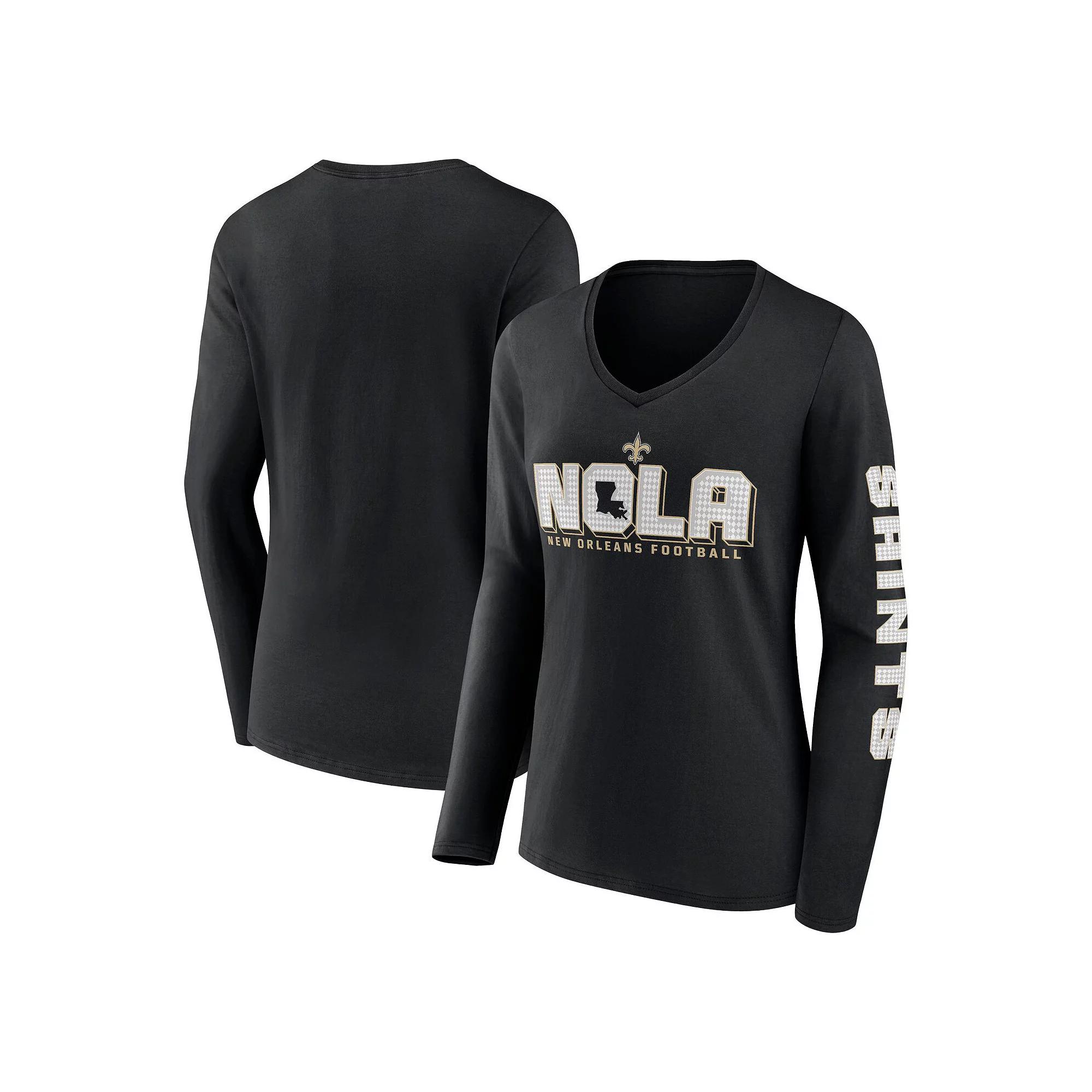 Women's Fanatics Black New Orleans Saints Hometown Sweep Long Sleeve V-Neck T-Shirt,  Product Image