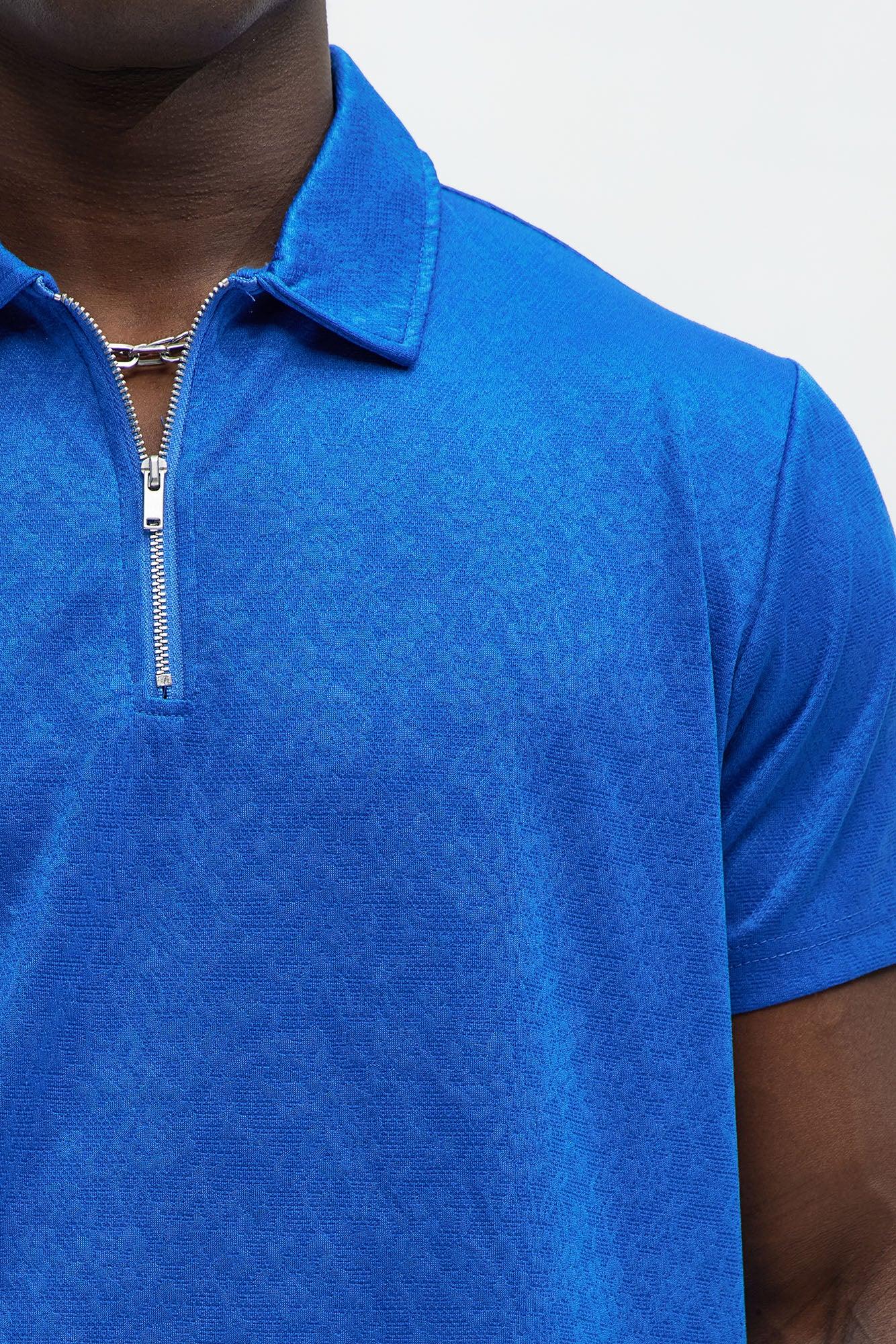 Jacquard Floral Knit Quarter Zip Polo Shirt - Blue Product Image
