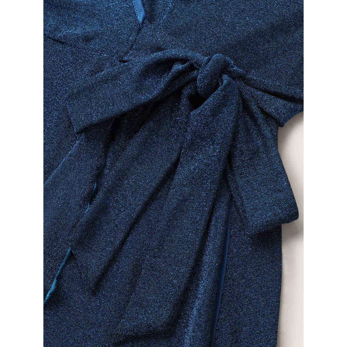 Plus Size Overlap Collar Luxe Tie Knot Ruffles Dress Mediumblue Women Cocktail Tie knot Overlap Collar Short sleeve Curvy BloomChic 22-24/3X Product Image