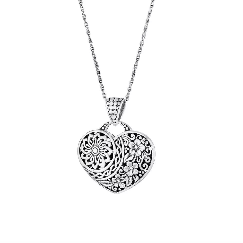 Athra NJ Inc Sterling Silver Oxidized Filigree Flower Heart Pendant, Womens Product Image