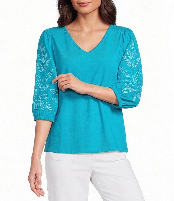 Investments Petite Size Elbow Sleeve Embroidery V-Neck Knit Top Product Image