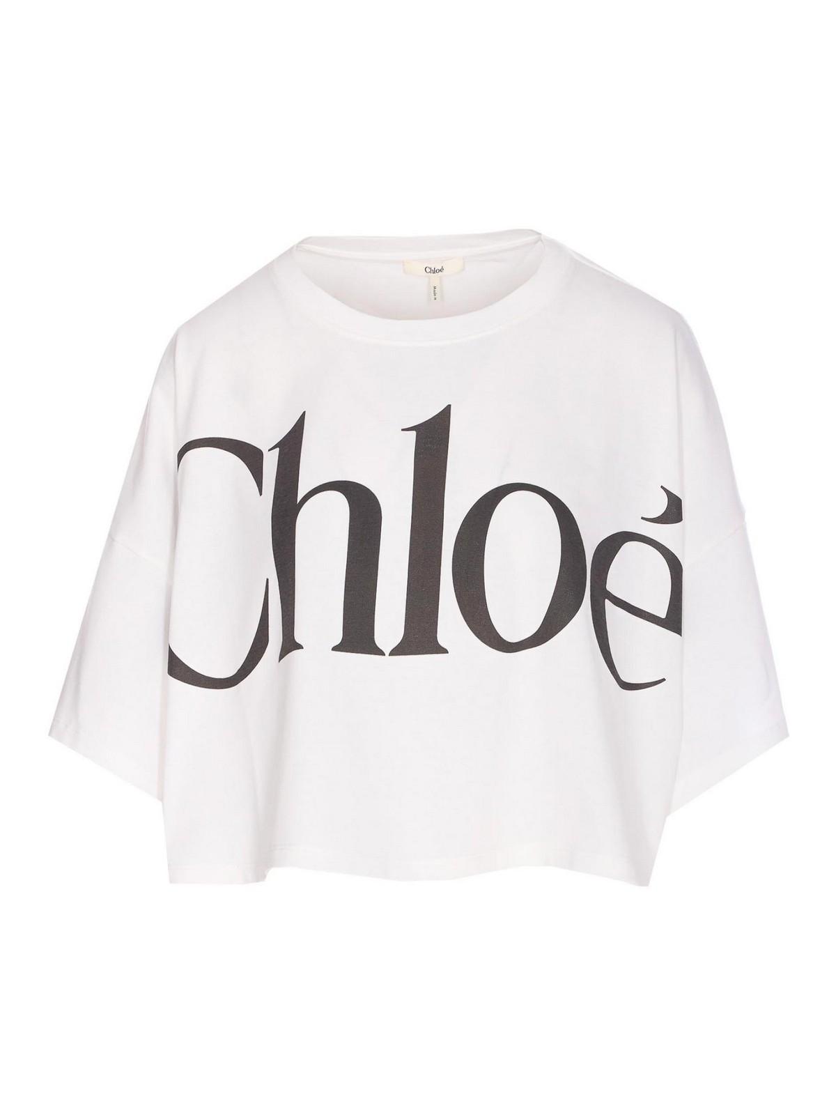 CHLOÉ White Cropped Crewneck T-shirt With Maxi Logo Print On The Front In Cotton Woman In Multicolor Product Image