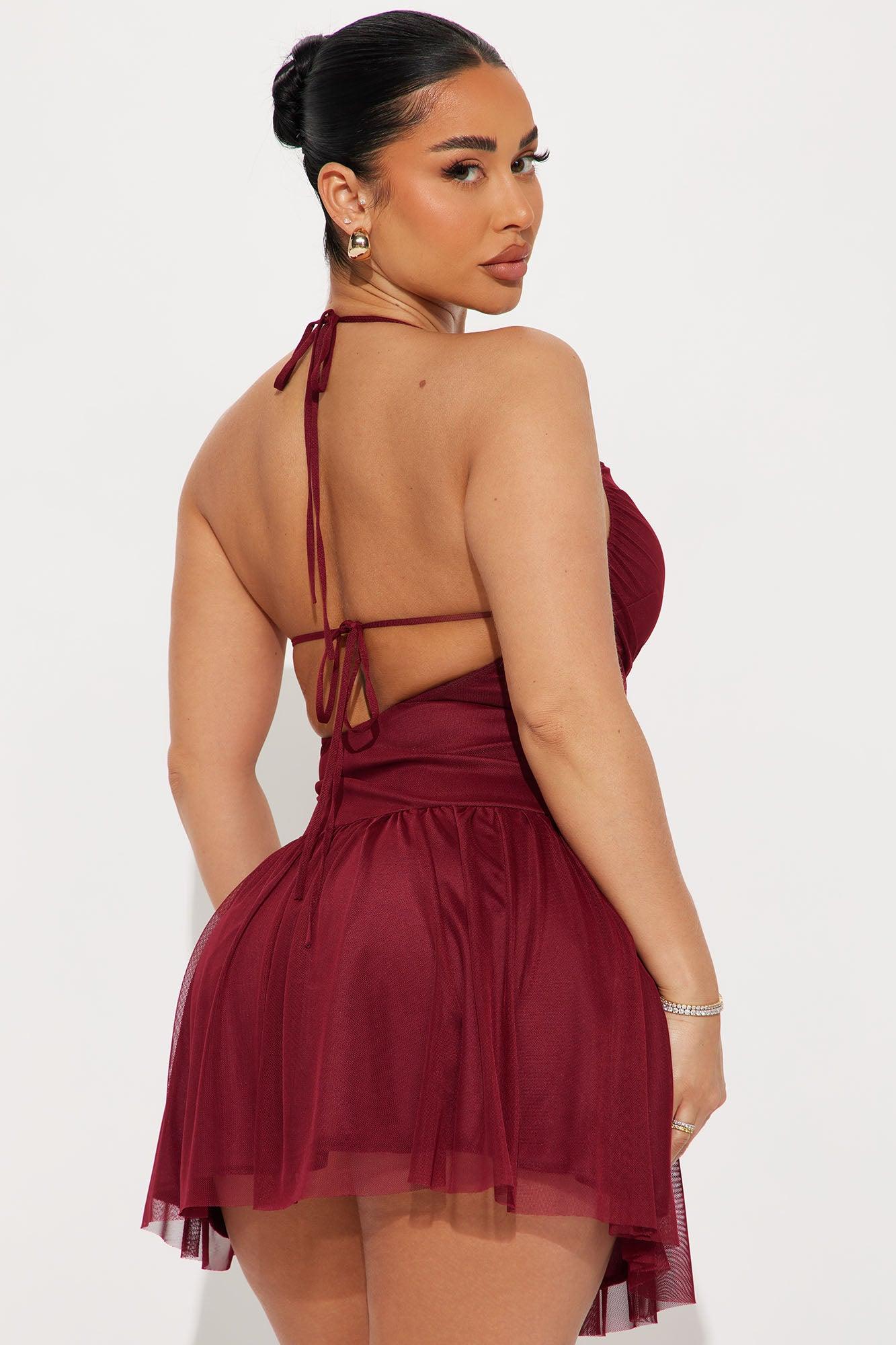 Sella Ruched Mesh Mini Dress - Wine Product Image