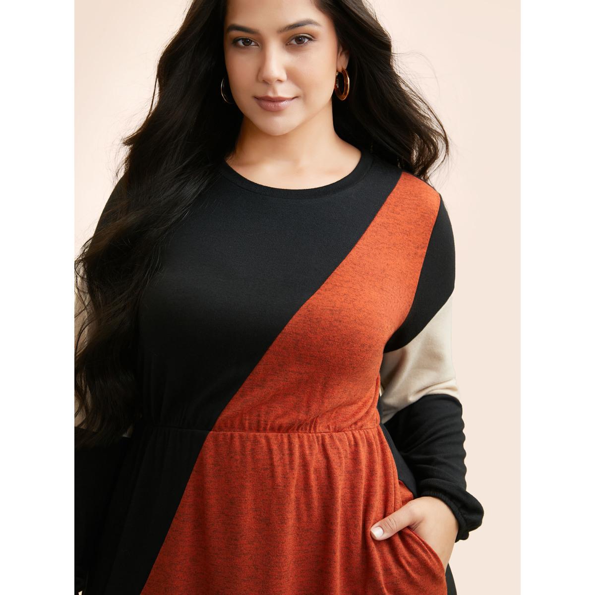 Plus Size Contrast Patchwork Lantern Sleeve Dress Black Women Casual Contrast Round Neck Long Sleeve Curvy BloomChic 30/6X Product Image
