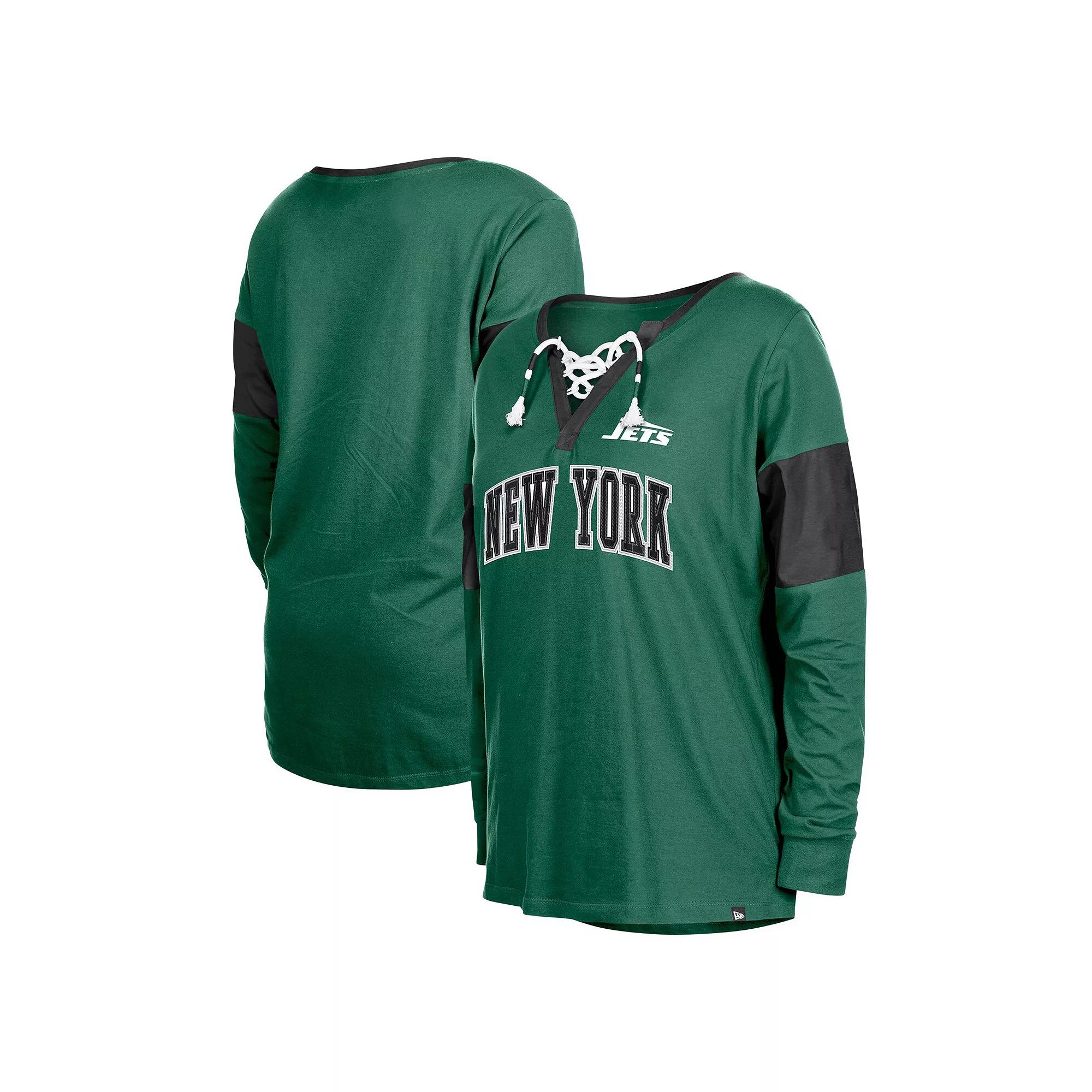 Women's New Era Green New York Jets Lace-Up Notch-Neck Long Sleeve T-Shirt,  Product Image