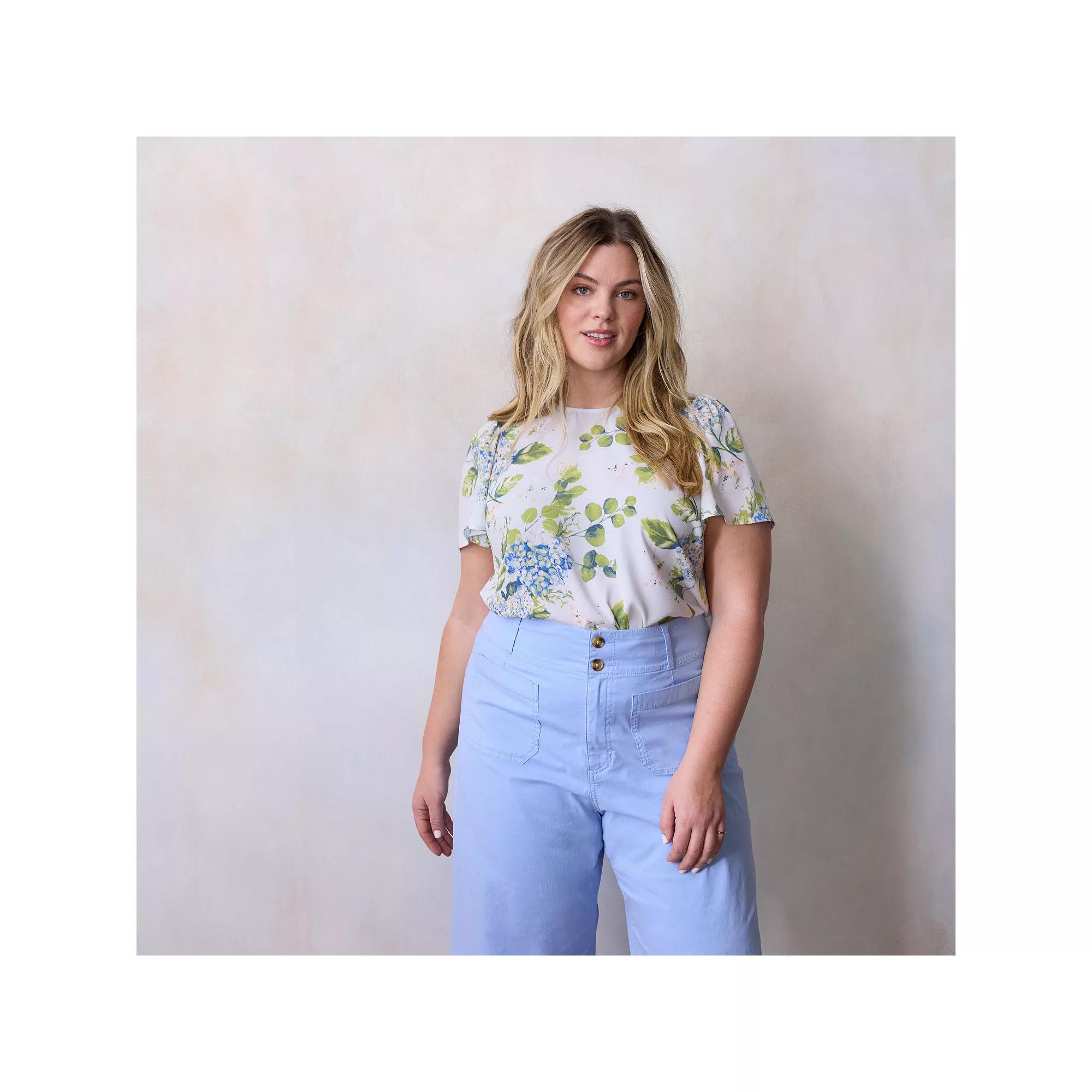 Plus Size LC Lauren Conrad Flutter Sleeve Woven Top, Women's, Size: 1XL, Cape Blooms Product Image