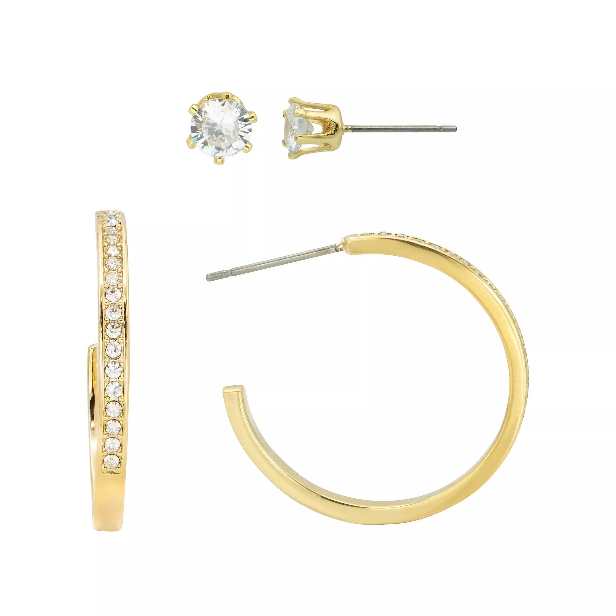 City Luxe Cubic Zirconia & Crystal Stud & Hoop Earrings Duo Set, Women's, Gold Tone Clear Product Image