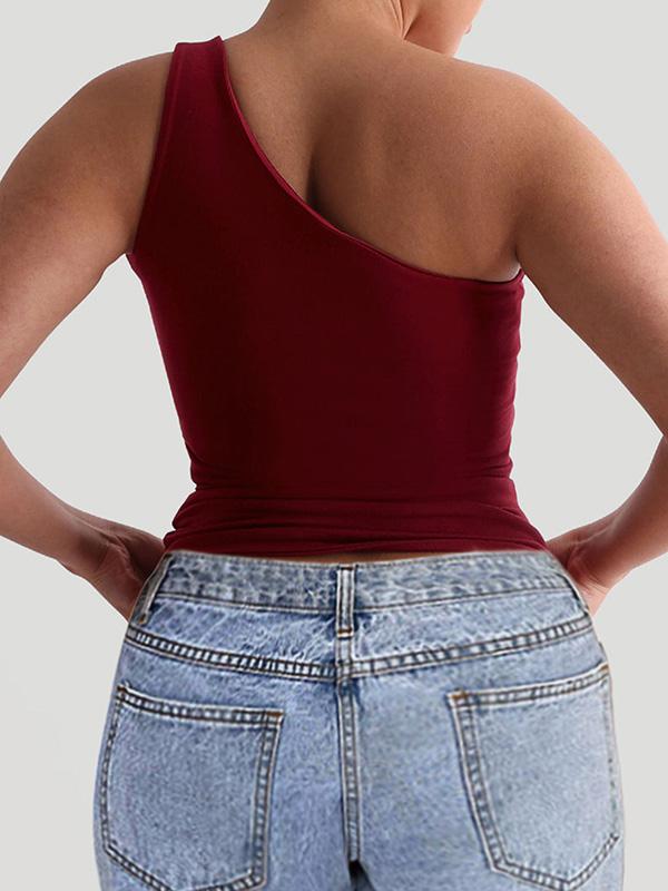 Skinny Sleeveless Solid Color One-Shoulder Vest Top Product Image