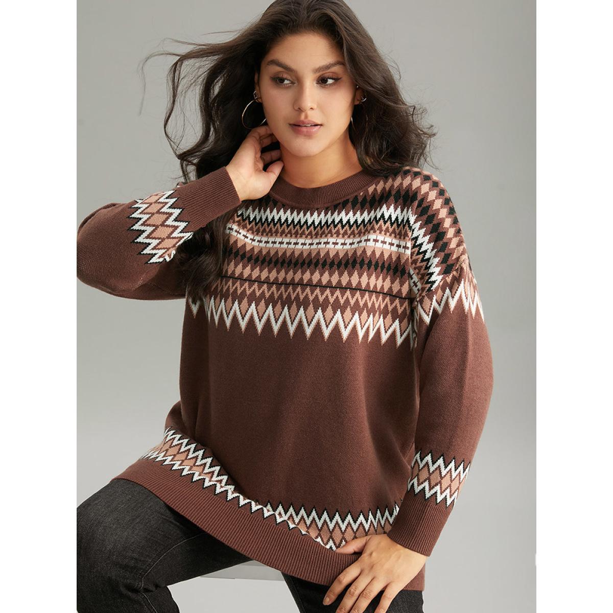 Plus Size Supersoft Essentials Bandana Print Drop Shoulder Pullover Multicolor Women Casual Loose Long Sleeve Round Neck Festival-Christmas Pullovers BloomChic 10/M Product Image