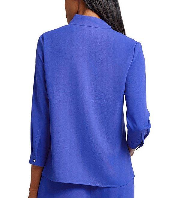Ming Wang Crepe De Chine Collar V-Neck 3/4 Sleeve Button Front Blouse Product Image