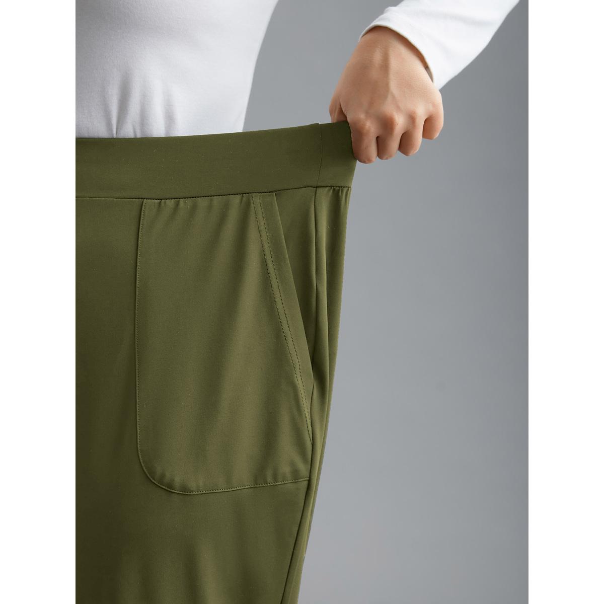 Plus Size Elastic Waist Mid-Rise Yoga Jogger Pants Women ArmyGreen Casual Mid Rise Everyday Pants BloomChic 10/M Product Image