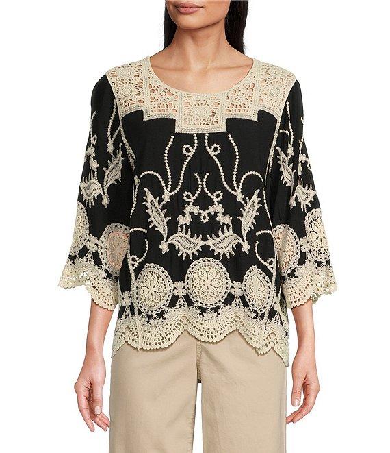 Leo & Nicole Woven Allover Embroidered Scoop Neck 3/4 Sleeve Lace Yoke Top Product Image