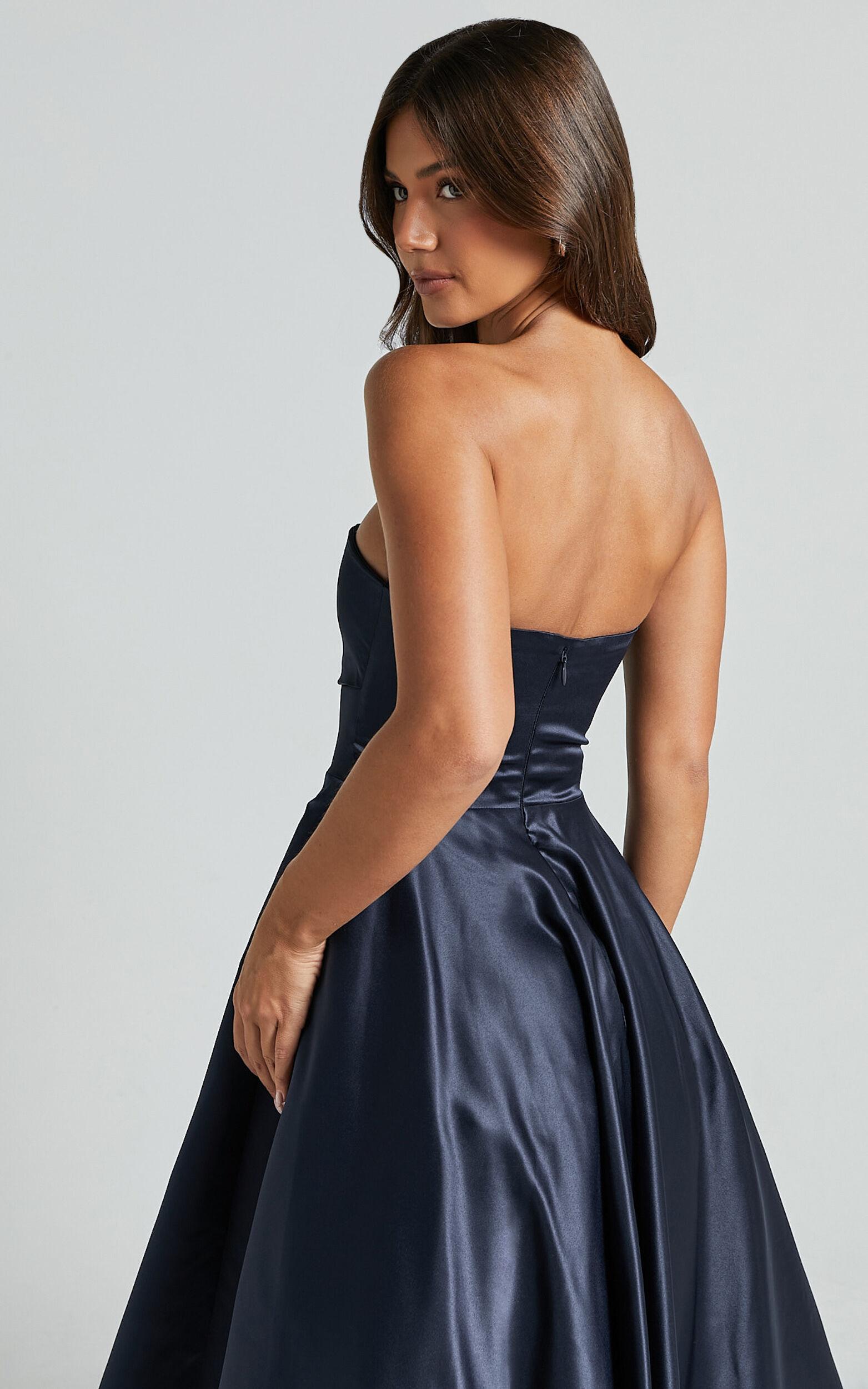 Helaina Midi Dress - Strapless A-Line Satin Dress in Navy Product Image
