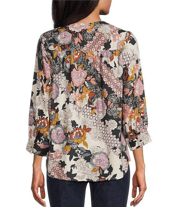 Intro Petite Size Soft Puckered Patch Floral Print Split Round V-Neck 3/4 Sleeve Button Front Shirt Product Image
