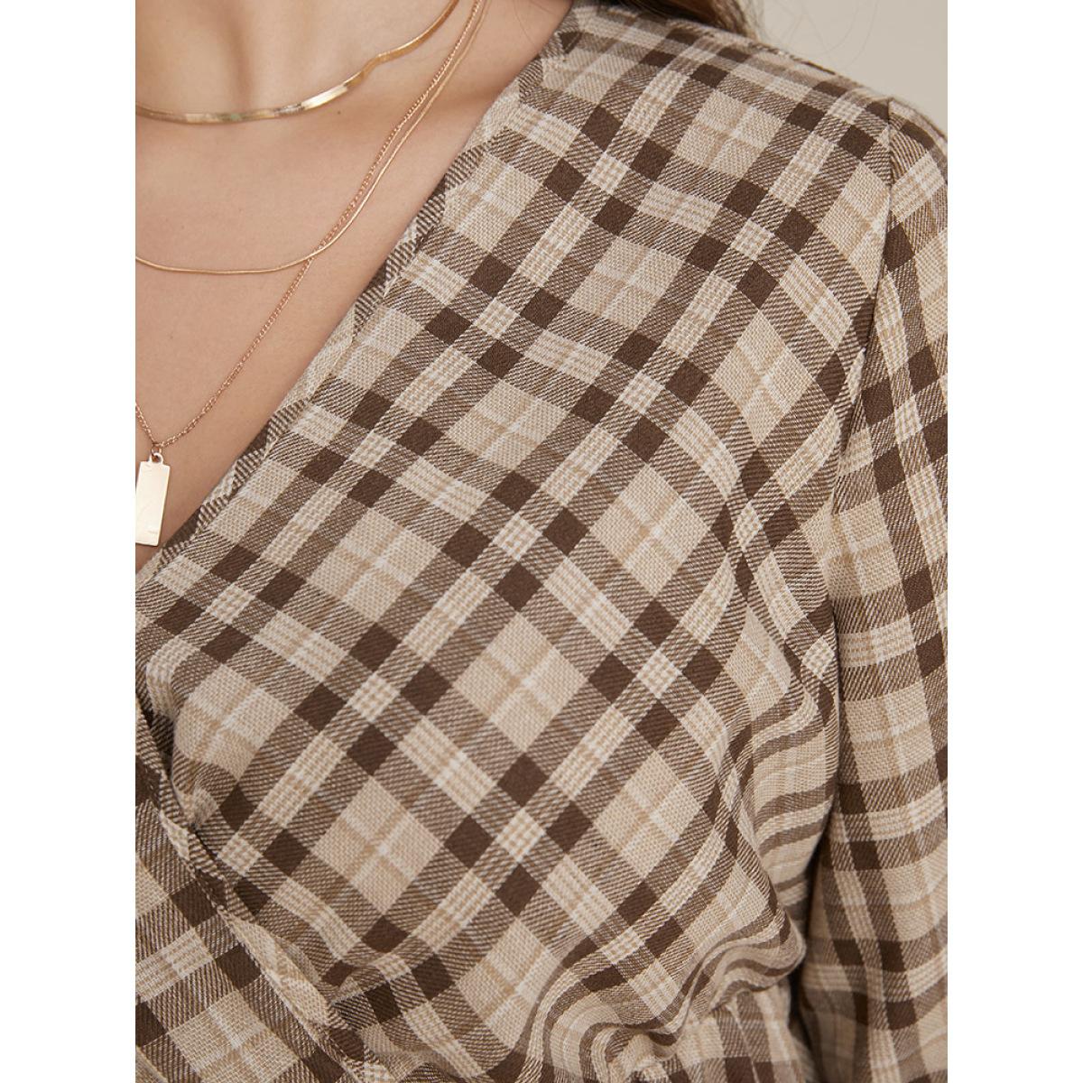 Plus Size LightBrown Plaid Lantern Sleeve Surplice Neck Blouse Women Elegant Long Sleeve V-neck Dailywear Blouses BloomChic 10/M Product Image