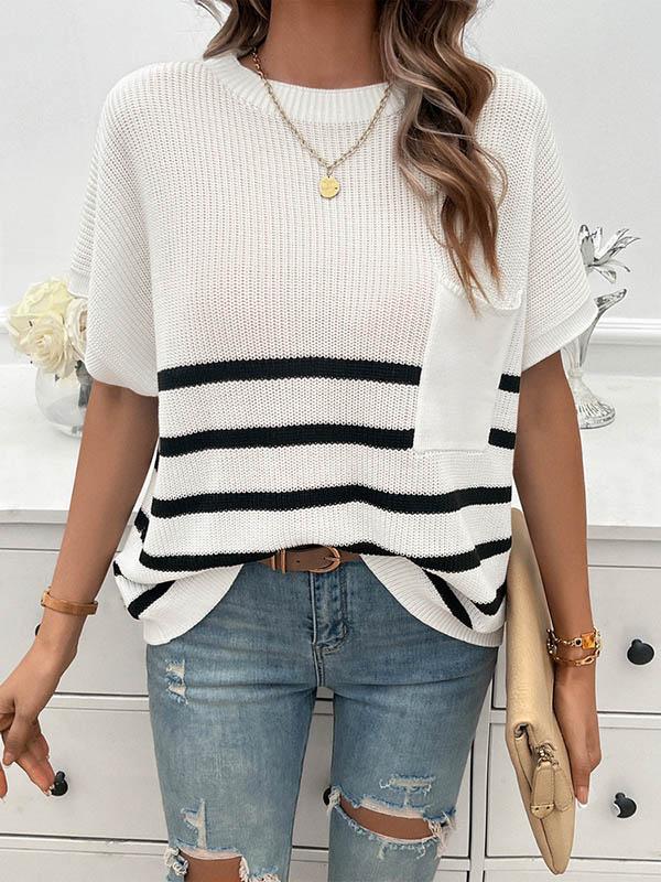 Half Sleeves Loose Pockets Striped Round-neck Knitwear Sweater Tops Product Image