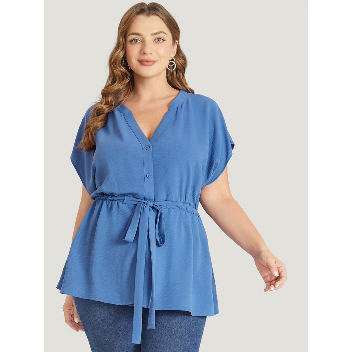 Plus Size DarkBlue Solid Drawstring Notched Batwing Sleeve Button Up Blouse Women Office Short sleeve V-neck Work Blouses BloomChic 22-24/3X Product Image